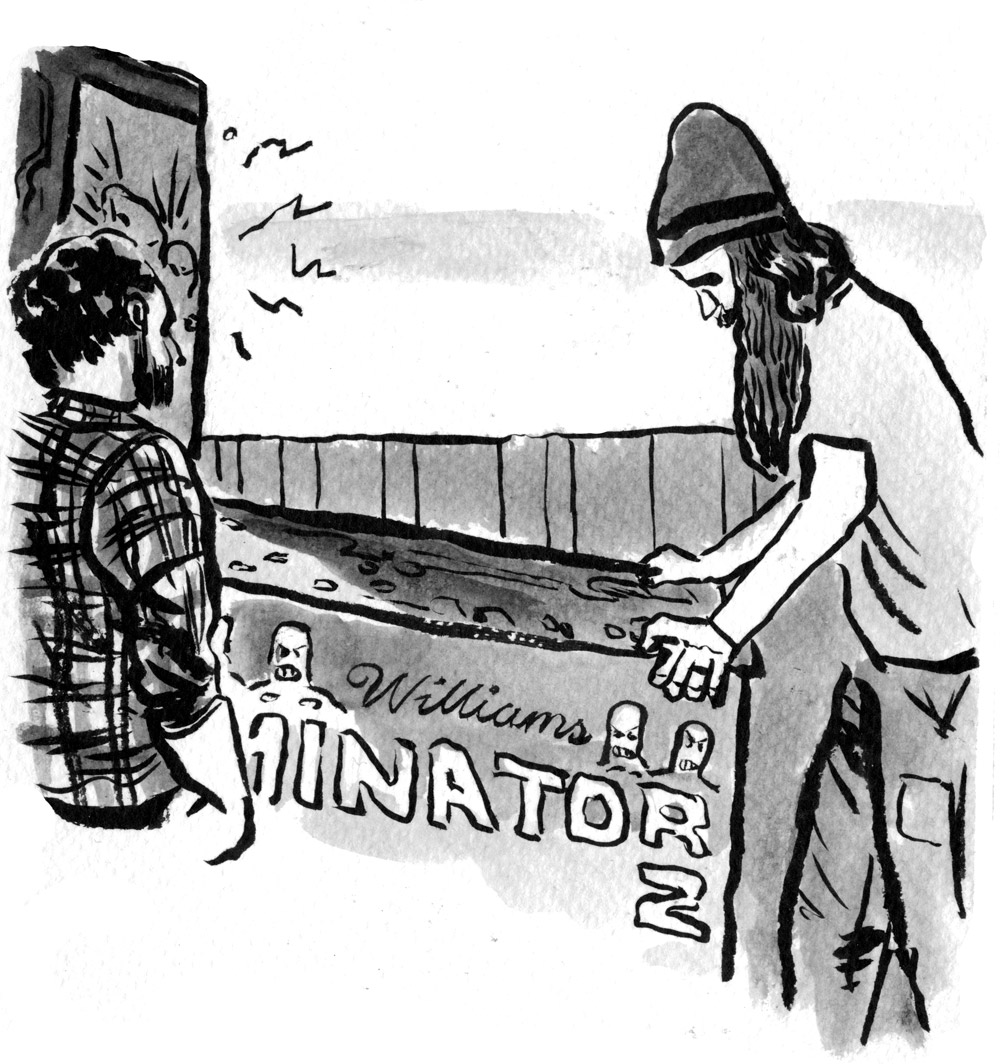drawing of two dudes playing pinball