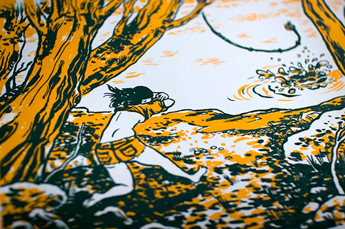 Girl stripping and running towards a lake and rope swing