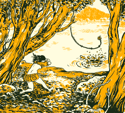 Girl stripping and running towards a lake and rope swing
